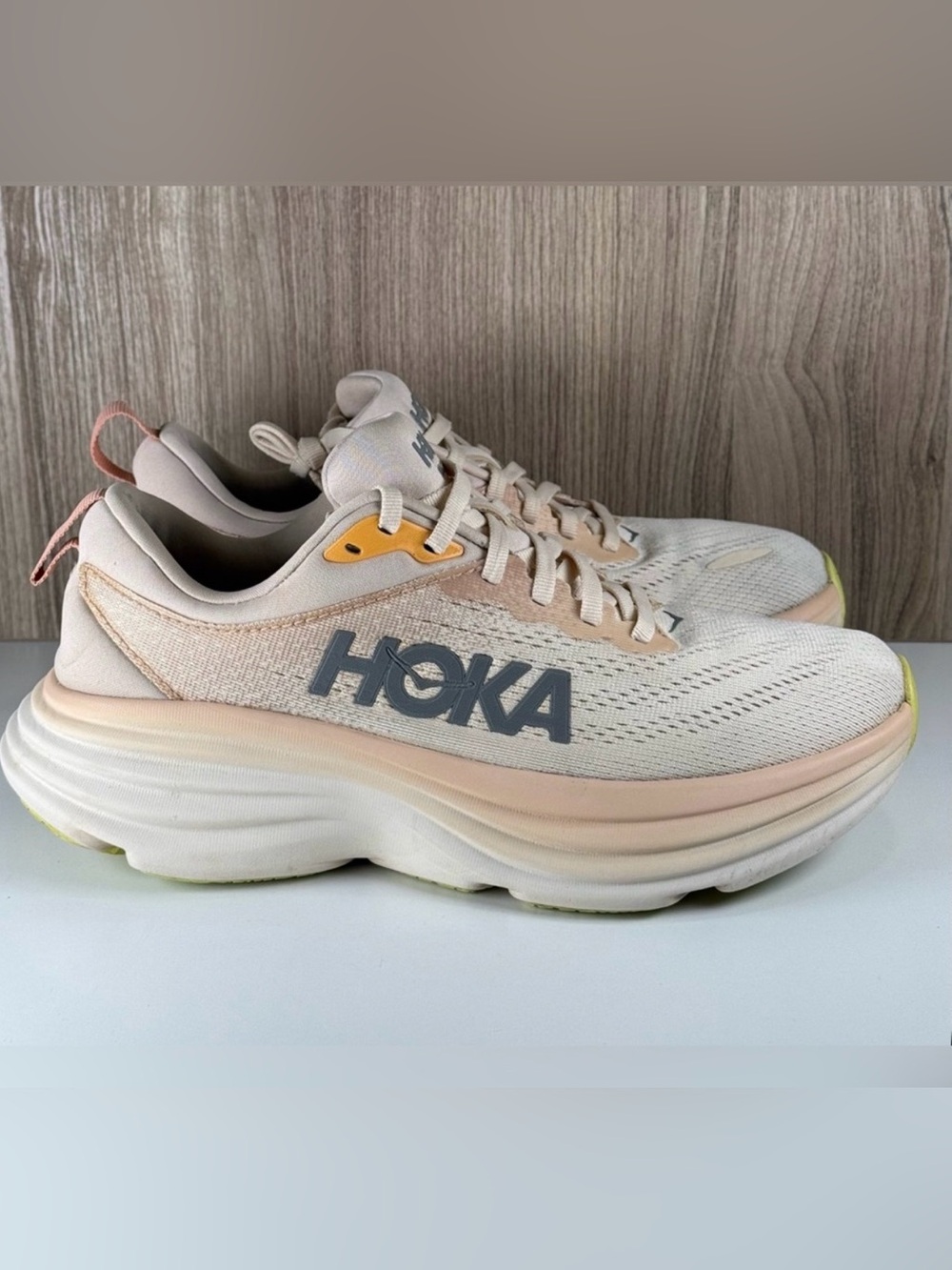 Hoka Women's Running Shoes in Cream and Peach with Gray Logo